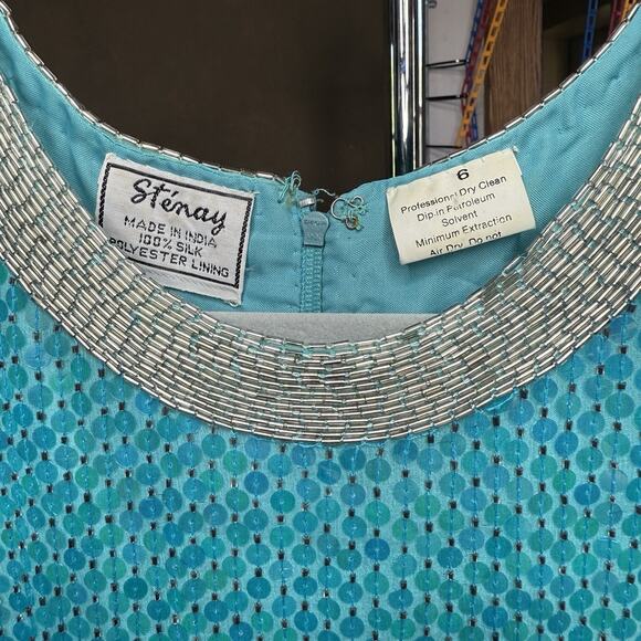 STENAY Vintage 80's VTG Teal Blue 100% Silk Sequin Beaded Cocktail Party Dress 6 - Picture 13 of 13